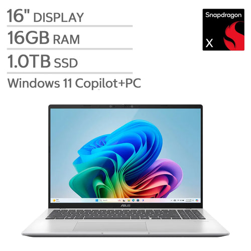 Open Box - Asus Vivobook 16" Copilot+ PC X1607QA-IS56 Laptop - Cool Silver (Snapdragon® X1 26 100 / 16 GB RAM / 1 TB SSD / Windows 11 Home)