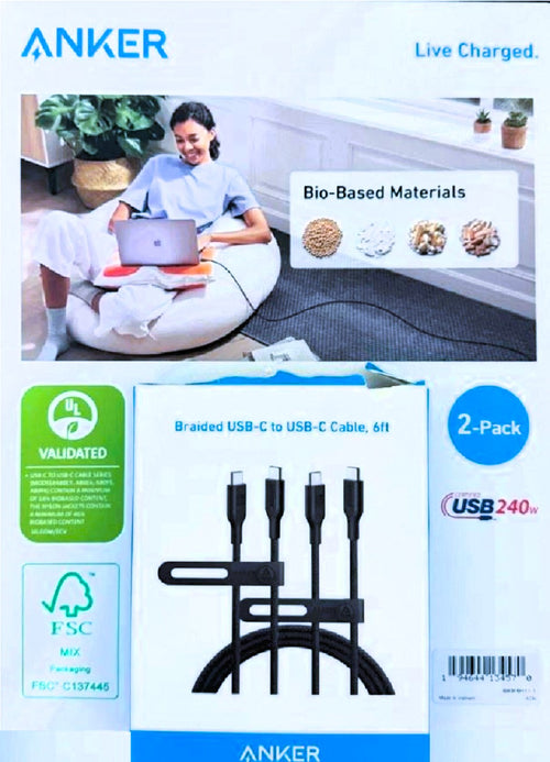 Open Box - Anker A80E6011 Anker Braided Durable Wireless Charger USB-C to USB-C Cable 6-Feet, 240W Fast Charge, 2-Pack