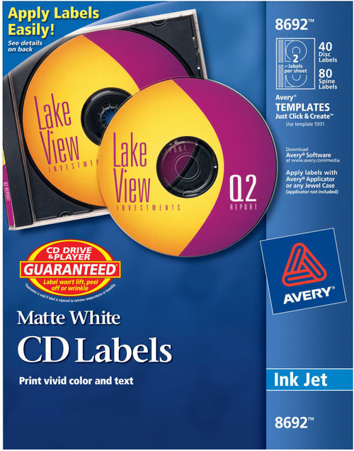 Brand New - Avery 08692 CD Labels, Print to the Edge, Permanent Adhesive, Matte, 40 Face Labels & 80 Spine Labels (8692)