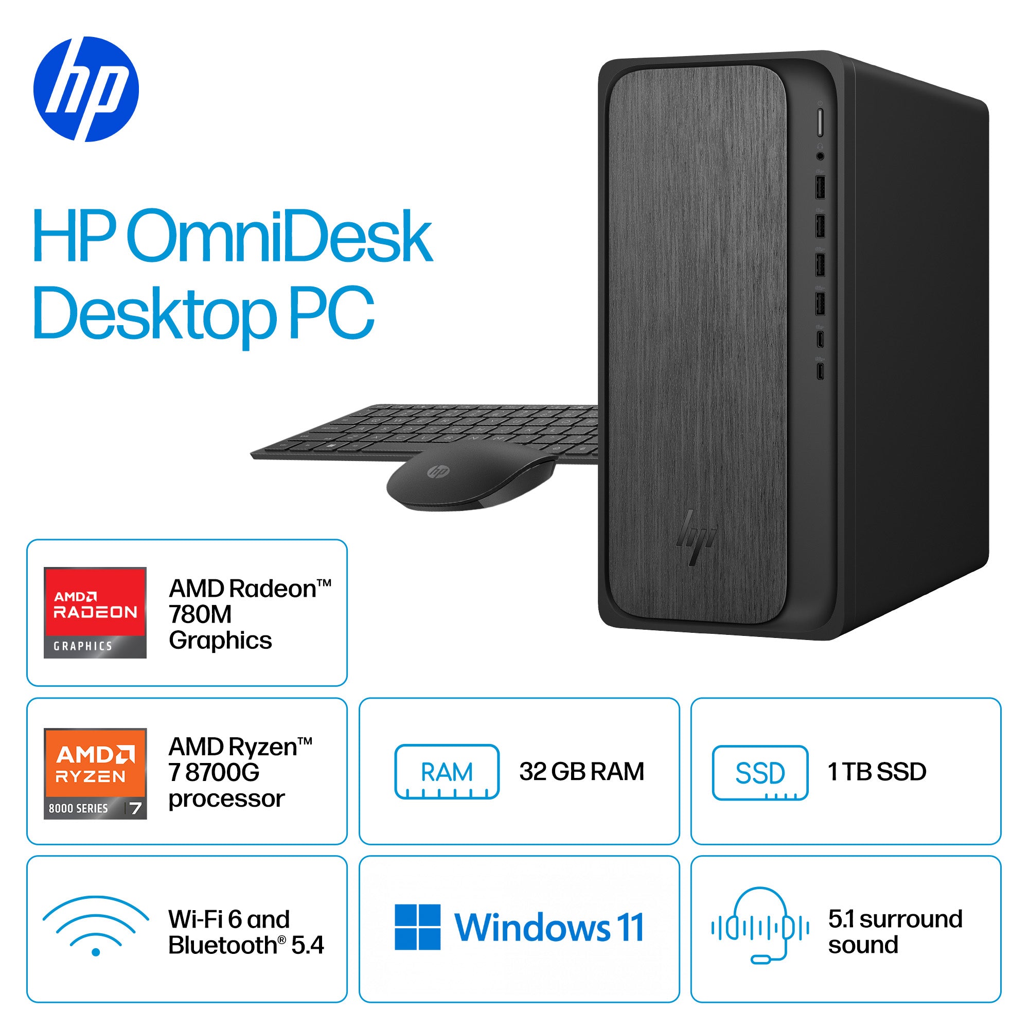 Open Box - HP OmniDesk Tower M02-0127C Desktop - Gray (AMD Ryzen 7 8700G / 32 GB RAM / 1 TB SSD / W11 Home)